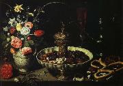 PEETERS, Clara bord med blomvas och torkad frukt oil painting on canvas